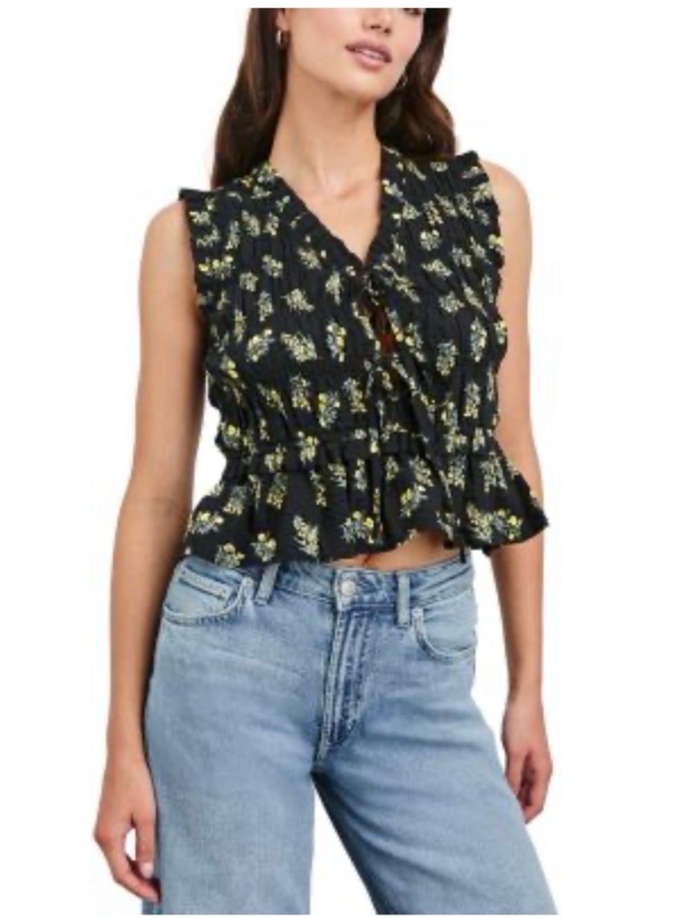 Rails black floral amaryllis smocked ruffle sleeveless top tie closure boho L